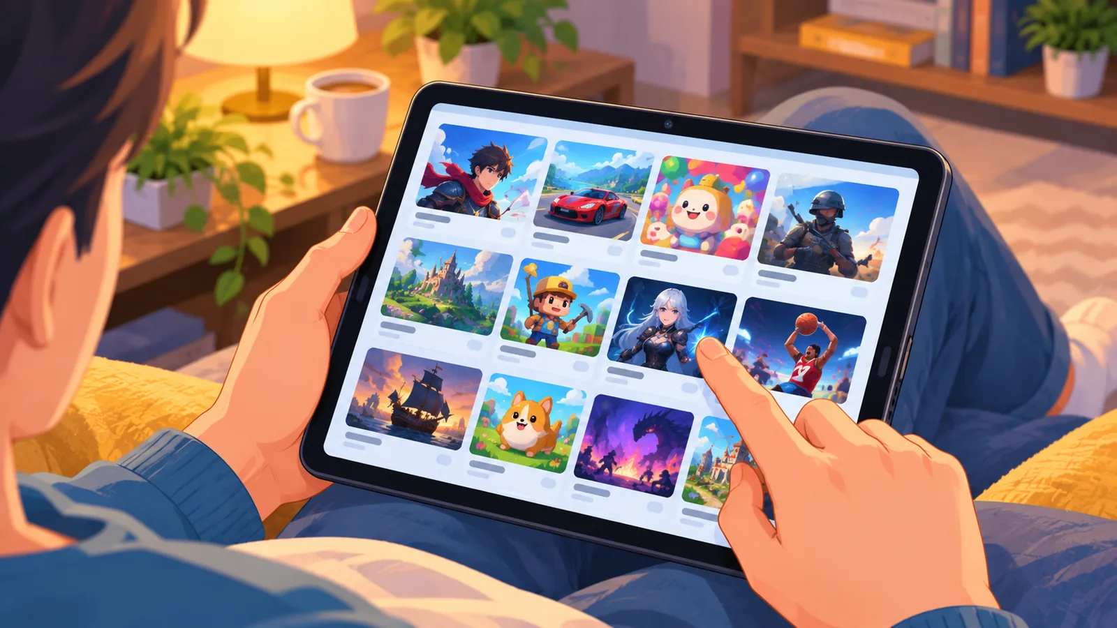 Browsing a game library on an Android tablet