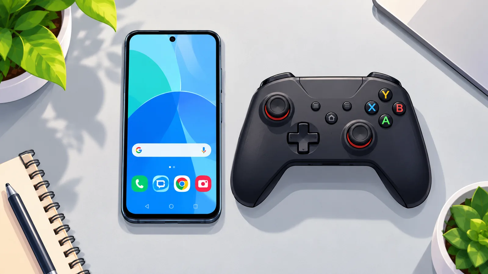 Phone beside a wireless game controller