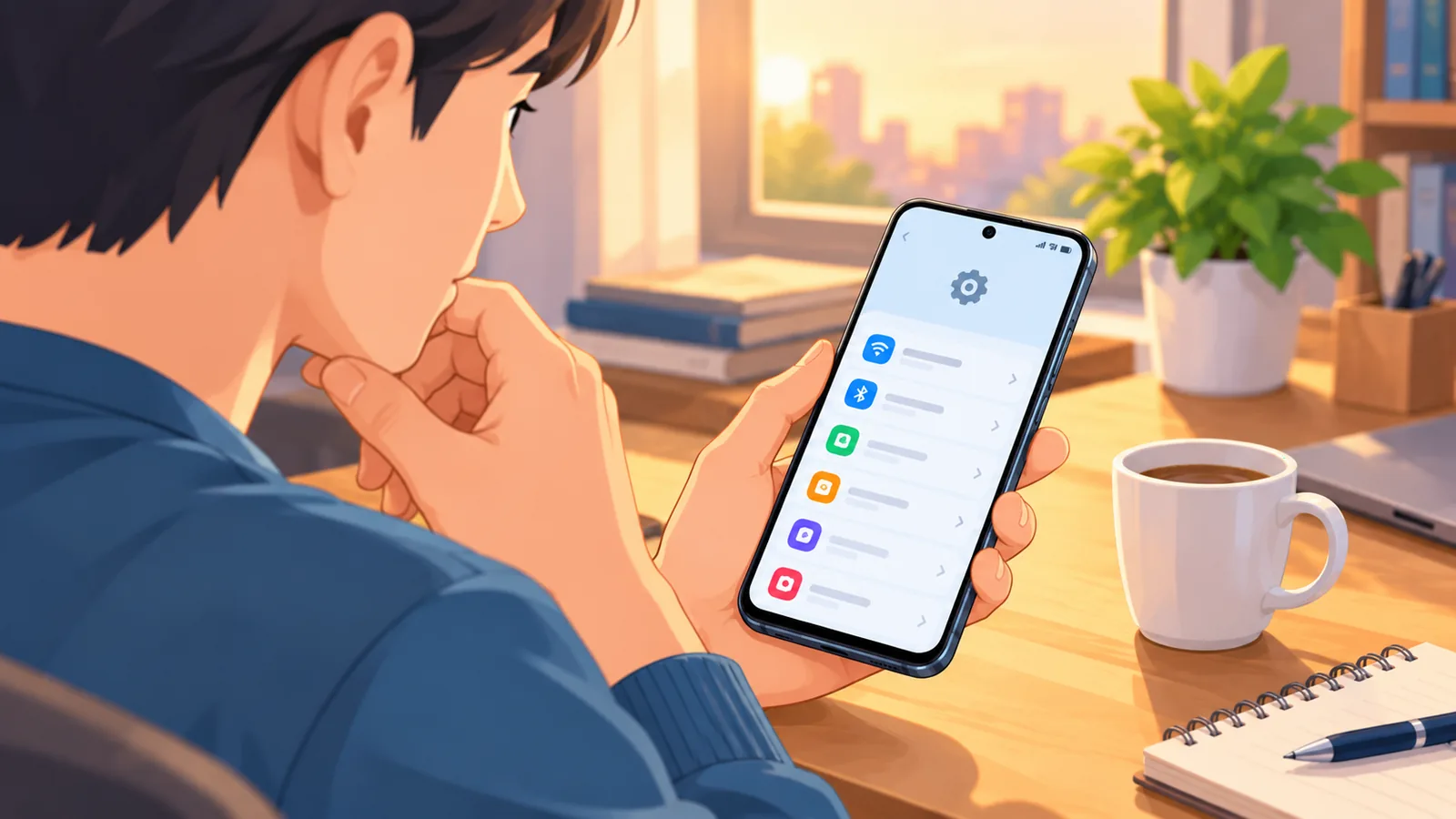 Person checking settings on a phone while troubleshooting