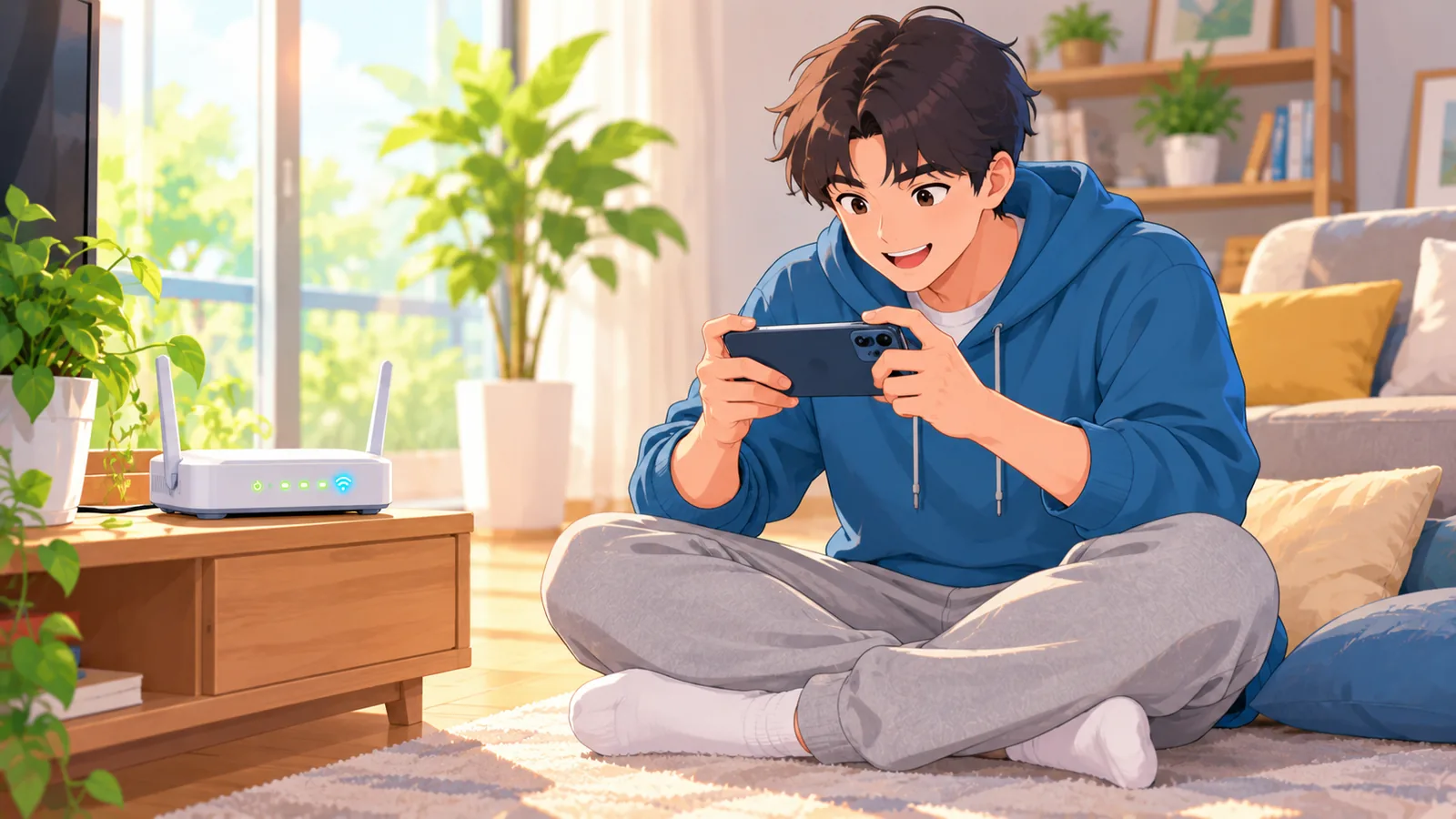 Gamer playing on a phone near a Wi-Fi router