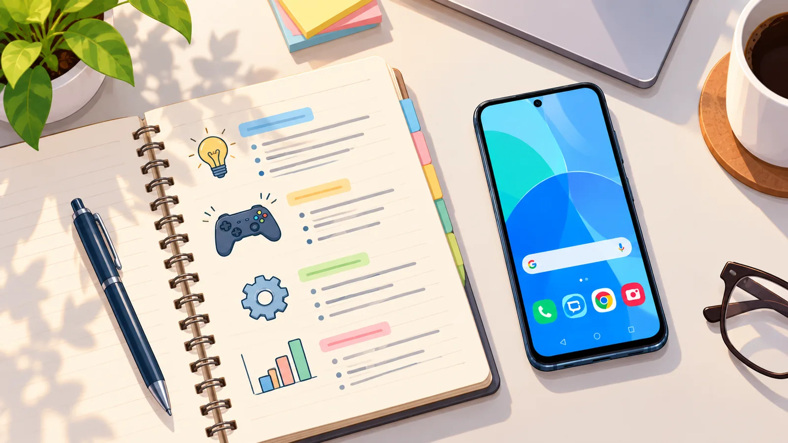 Notebook and phone with reference sources on a desk
