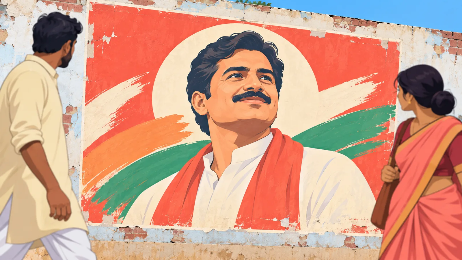 Hand-painted election posters on a busy market wall