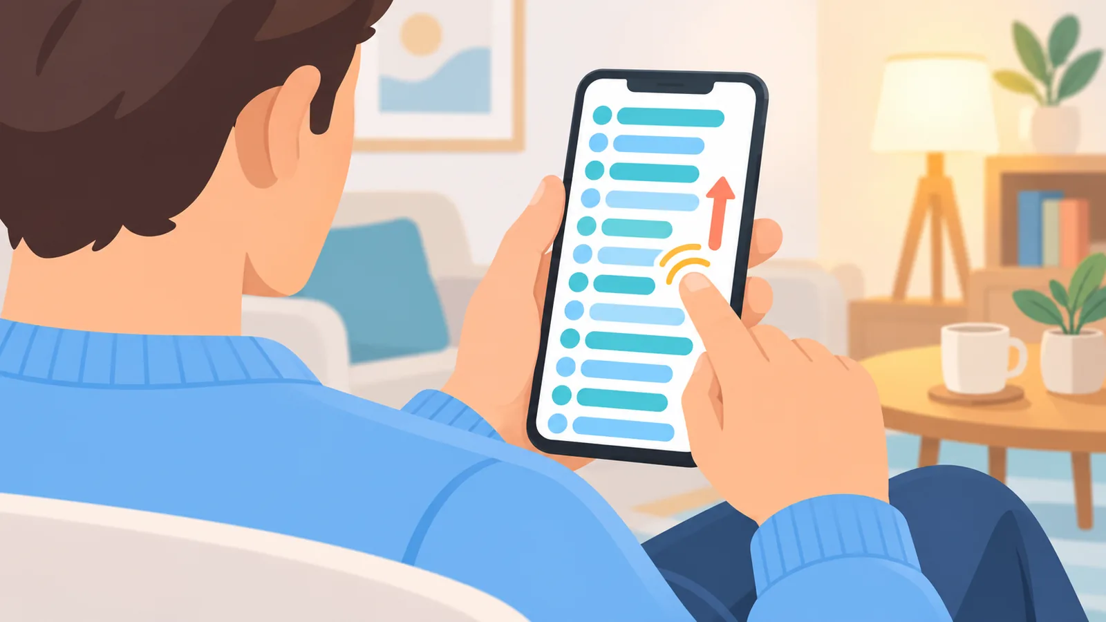 Person scrolling a phone with a list of slogans