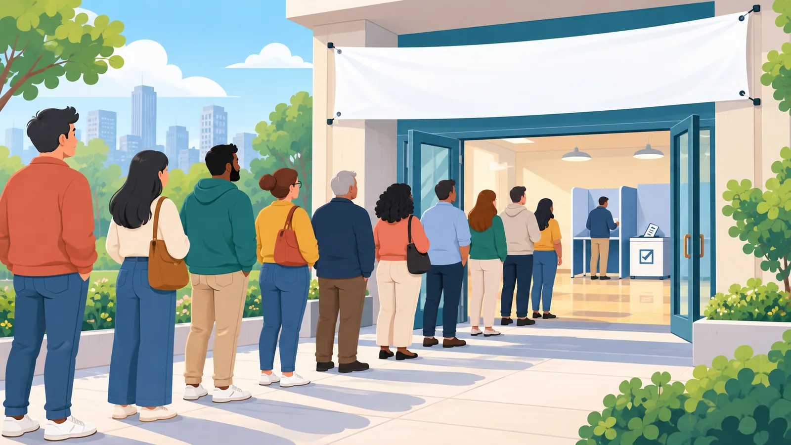 Voters queuing at a polling station under a banner