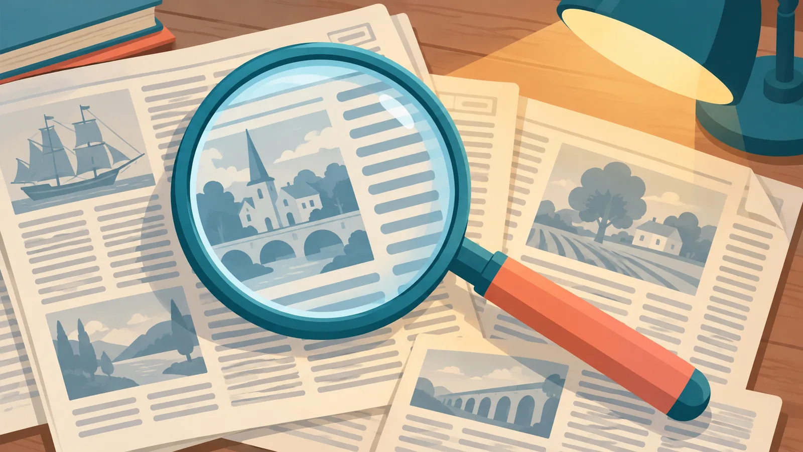 Archive newspapers and a magnifying glass on a desk
