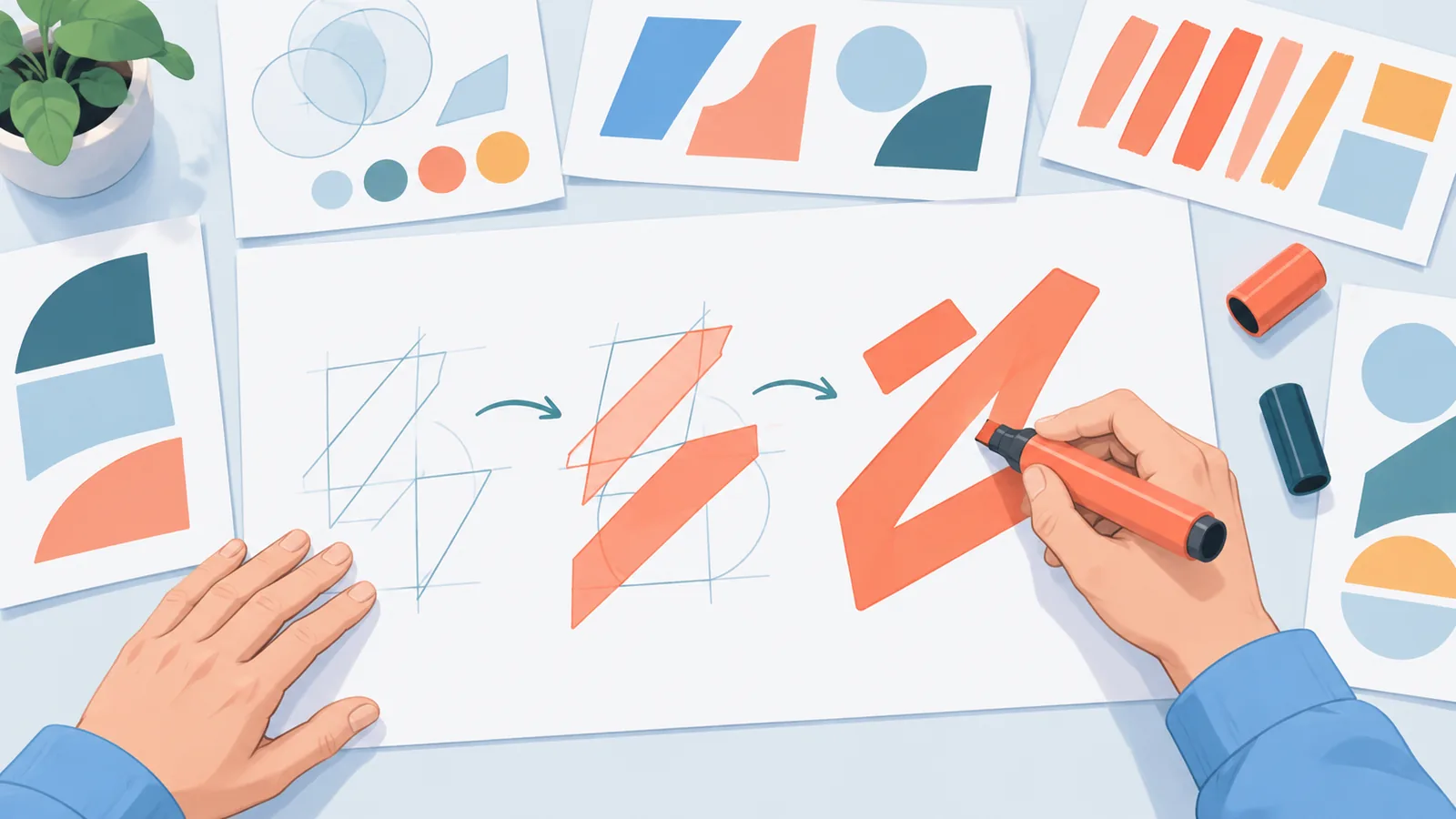 Designer sketching bold short lettering for a poster