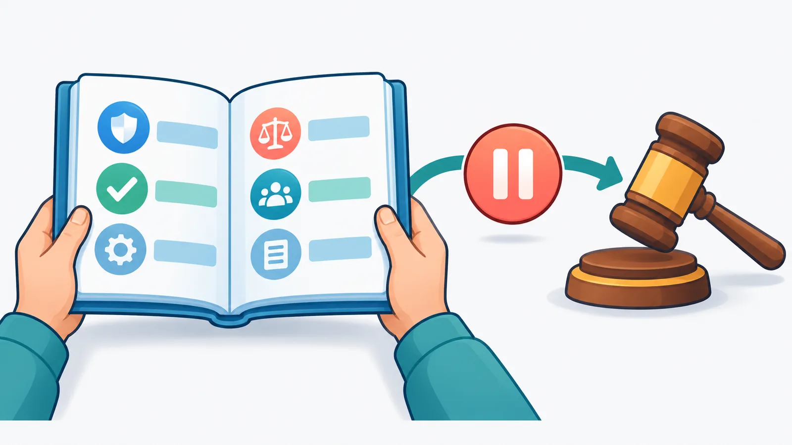 Rulebook, gavel and pause sign representing campaign rules