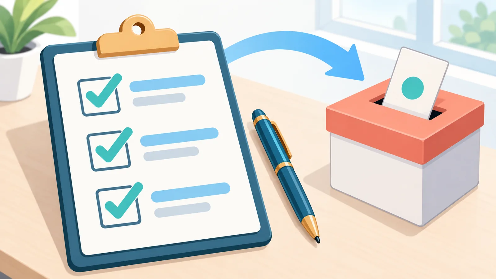Checklist on a clipboard next to a ballot box