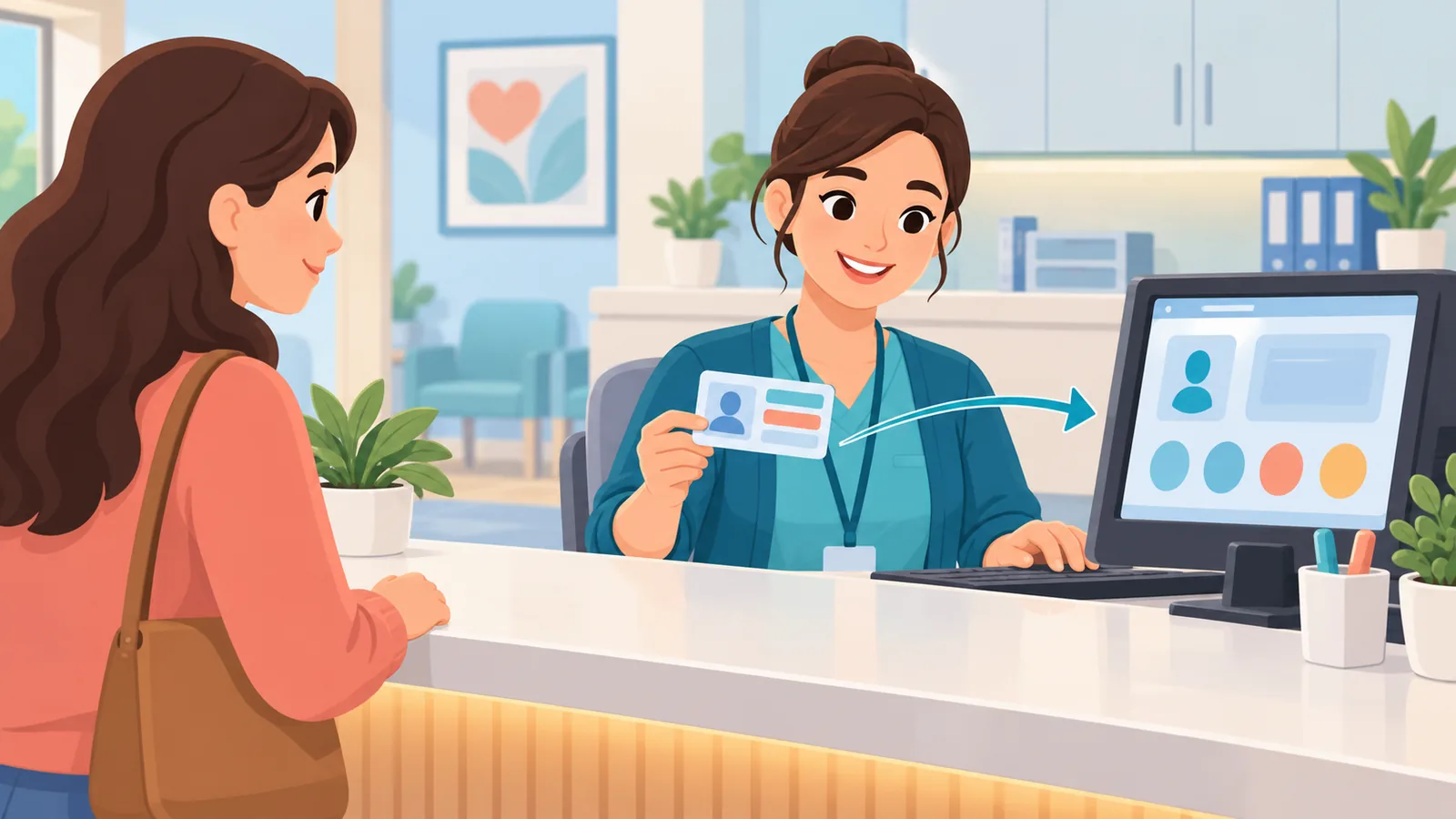 Front-desk staff checking a patient’s insurance card