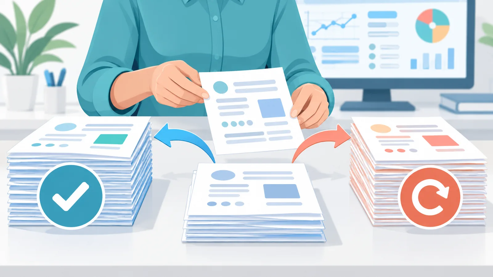 Biller sorting claim paperwork into two stacks