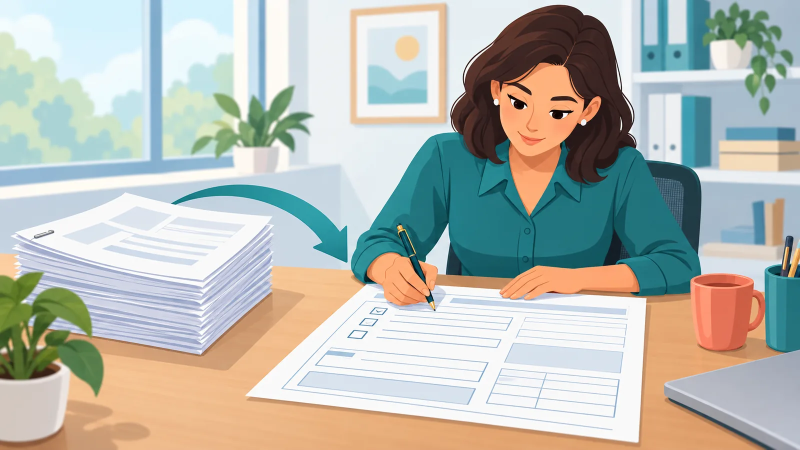 Biller completing a paper claim form with attachments