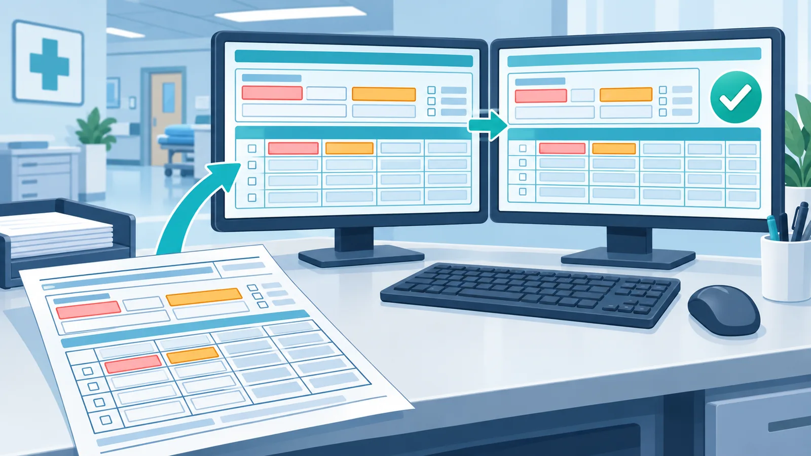 Hospital billing workstation with institutional claim on screen