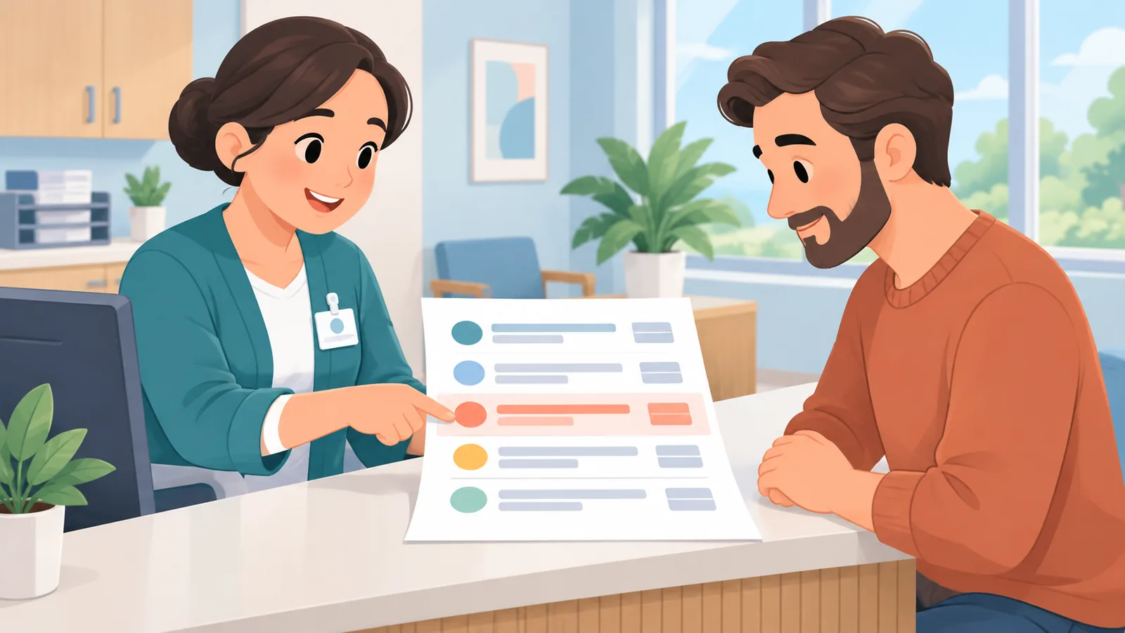 Staff member reviewing a remittance advice with a patient