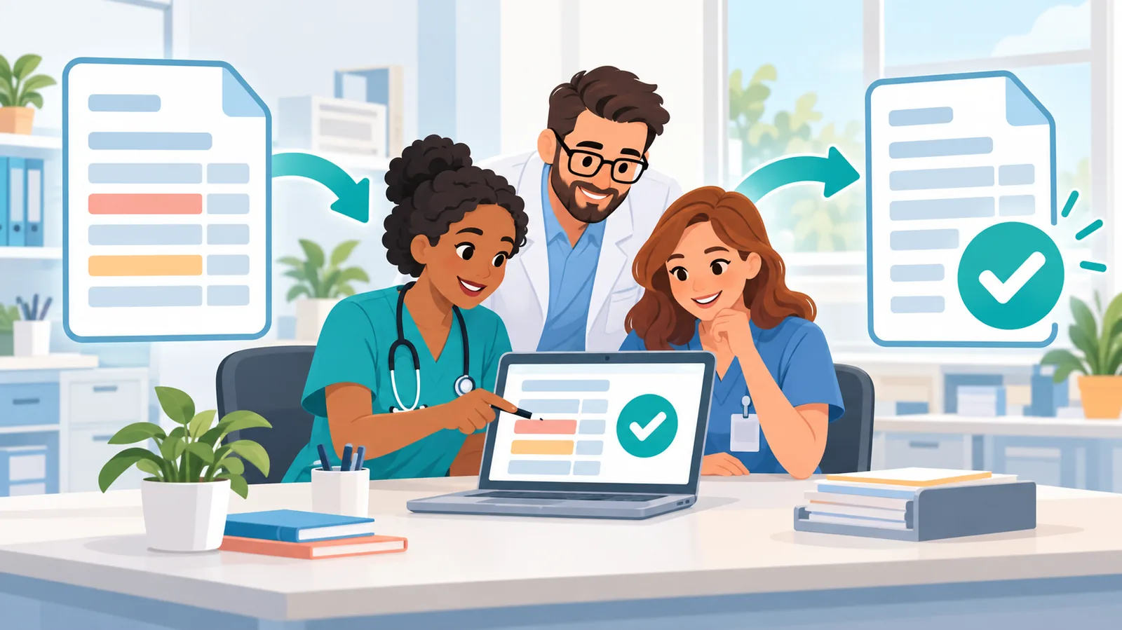 Medical office team discussing billing questions