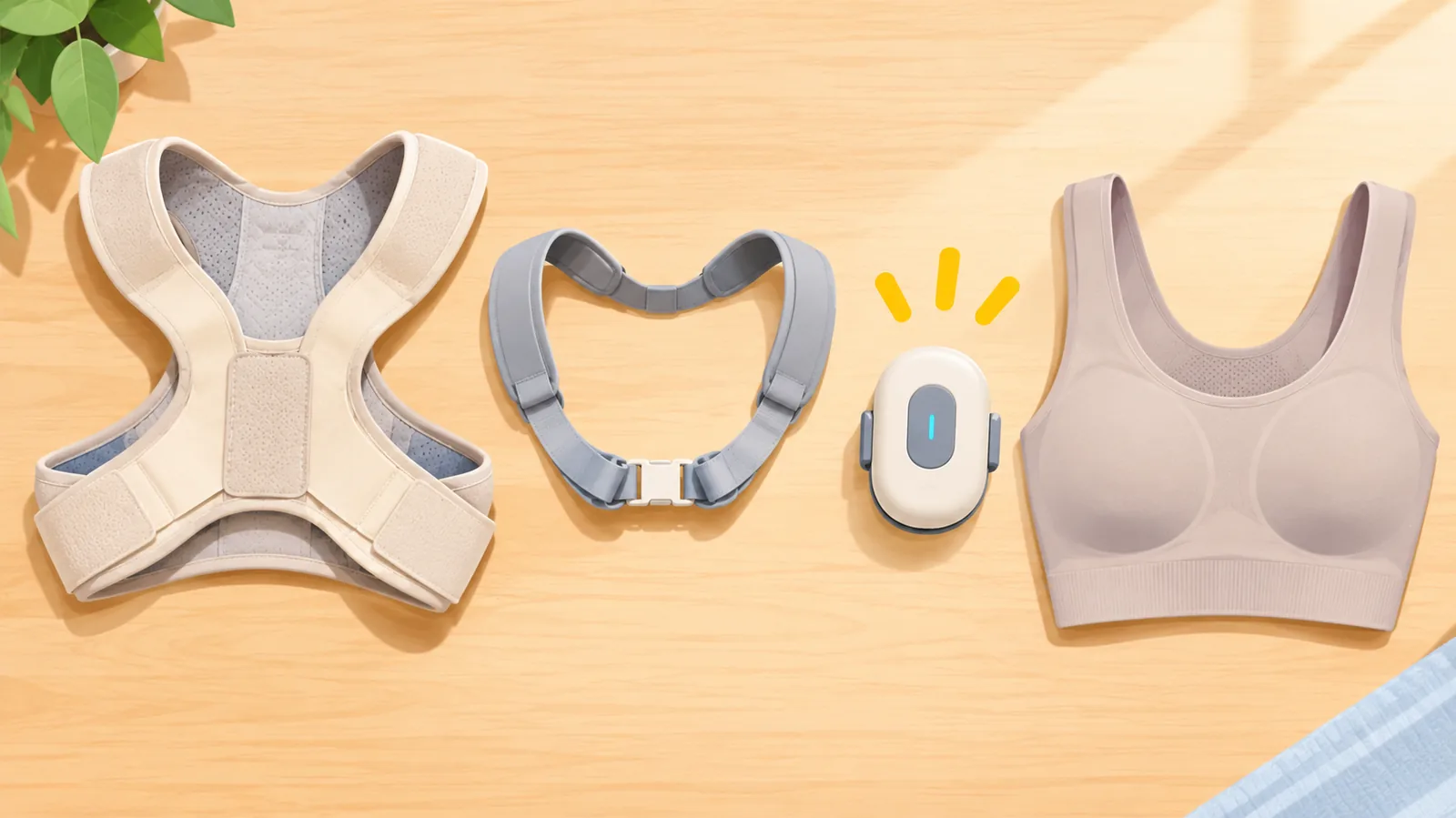 Four types of posture correctors laid out side by side on a wooden table
