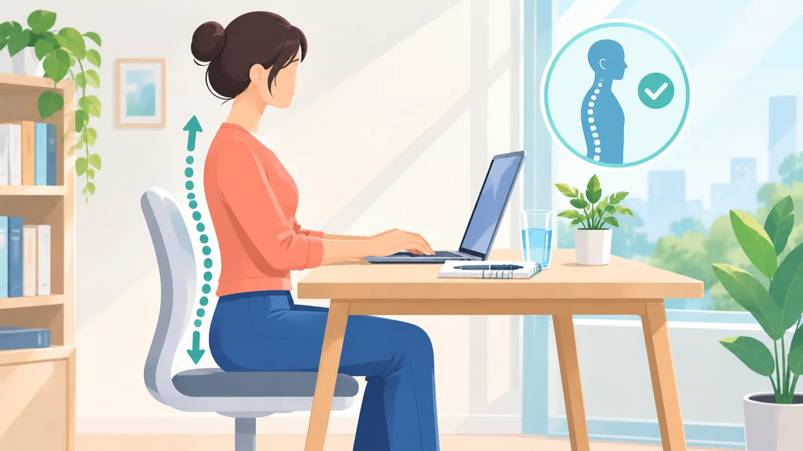 Woman sitting upright at a home desk working on a laptop