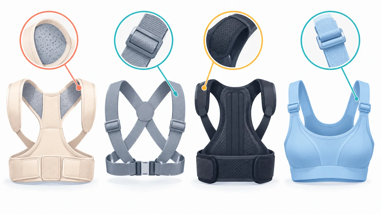 Row of posture correctors showing different straps and padding