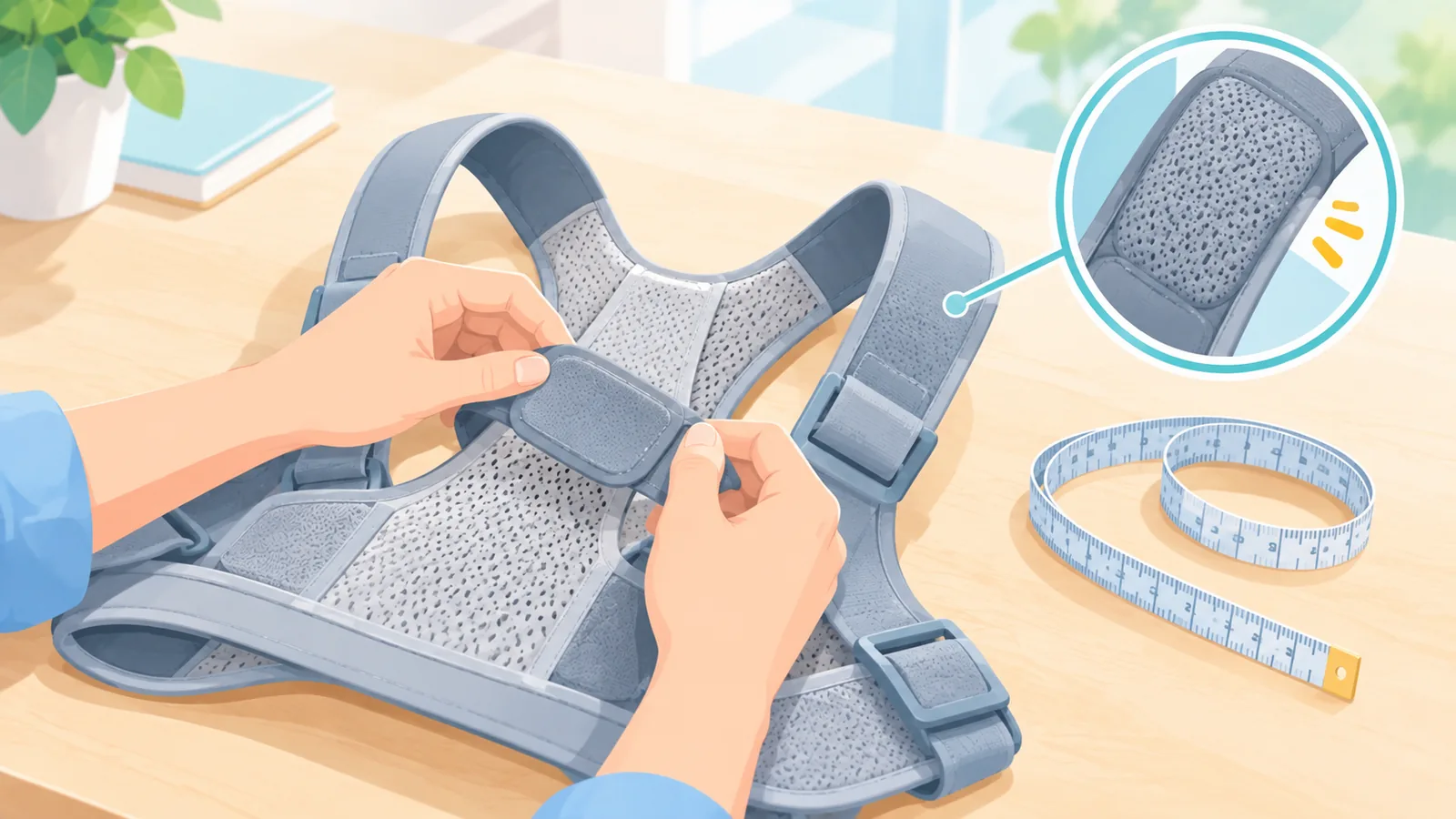 Hands adjusting the padded strap of a posture brace