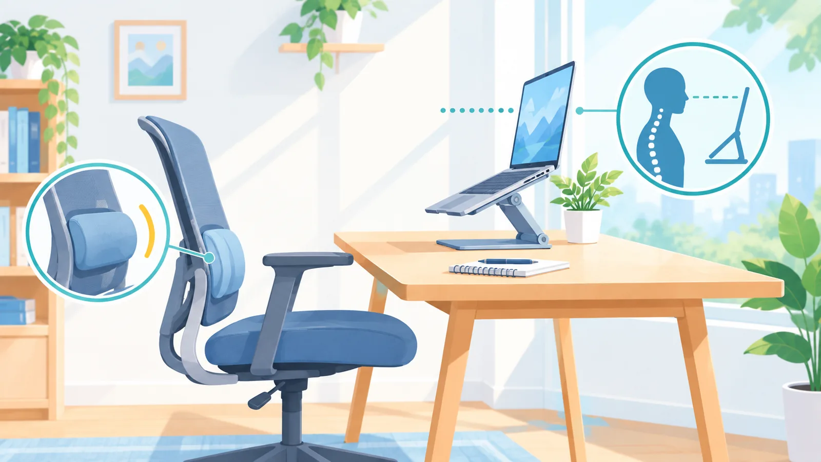 Ergonomic home office desk with laptop at eye level