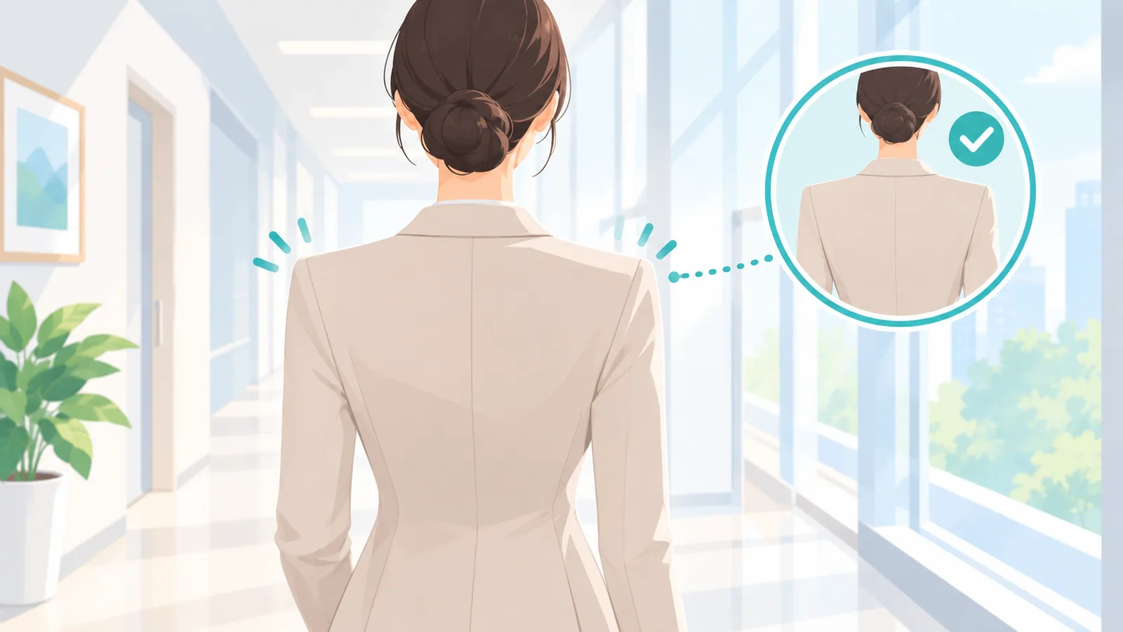 Woman in a blazer with smooth lines across the back