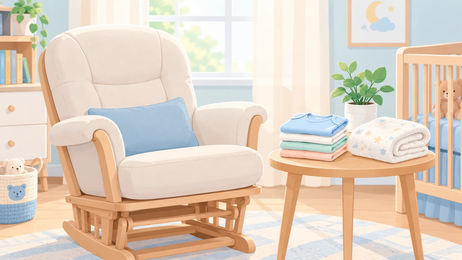 Cozy nursery corner with a glider chair and soft cotton tops
