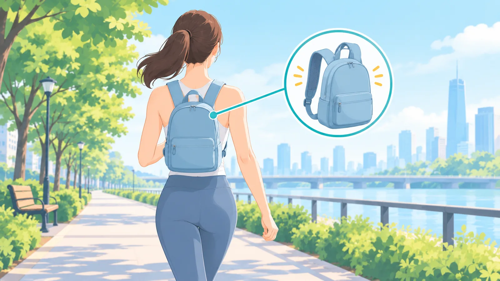 Woman in athletic wear walking along a tree-lined path