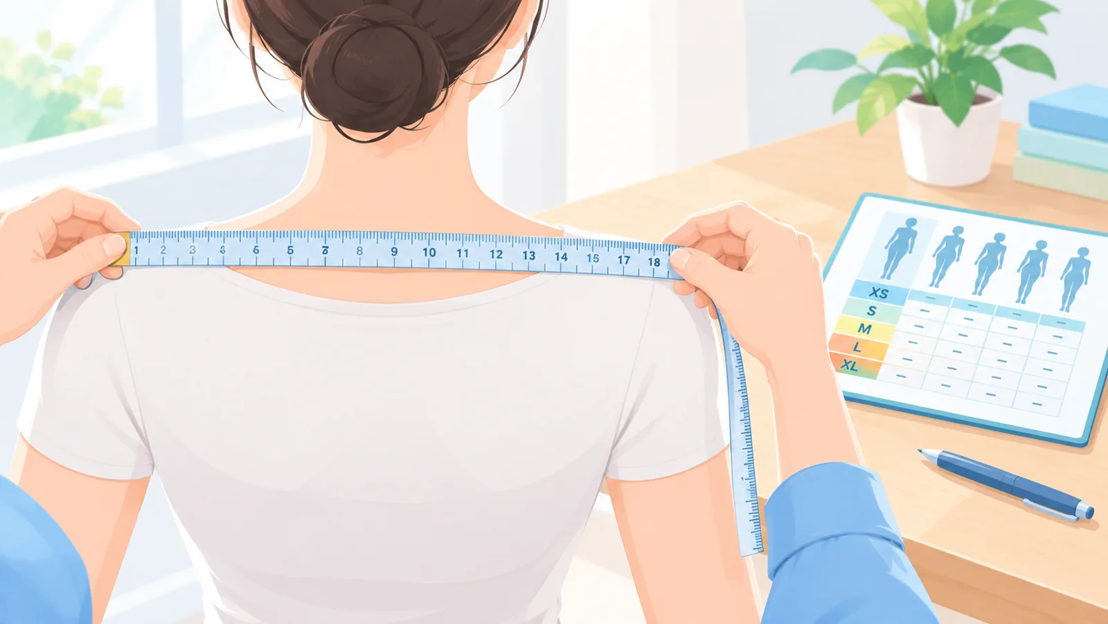 Tape measure being used across the shoulders next to a size chart