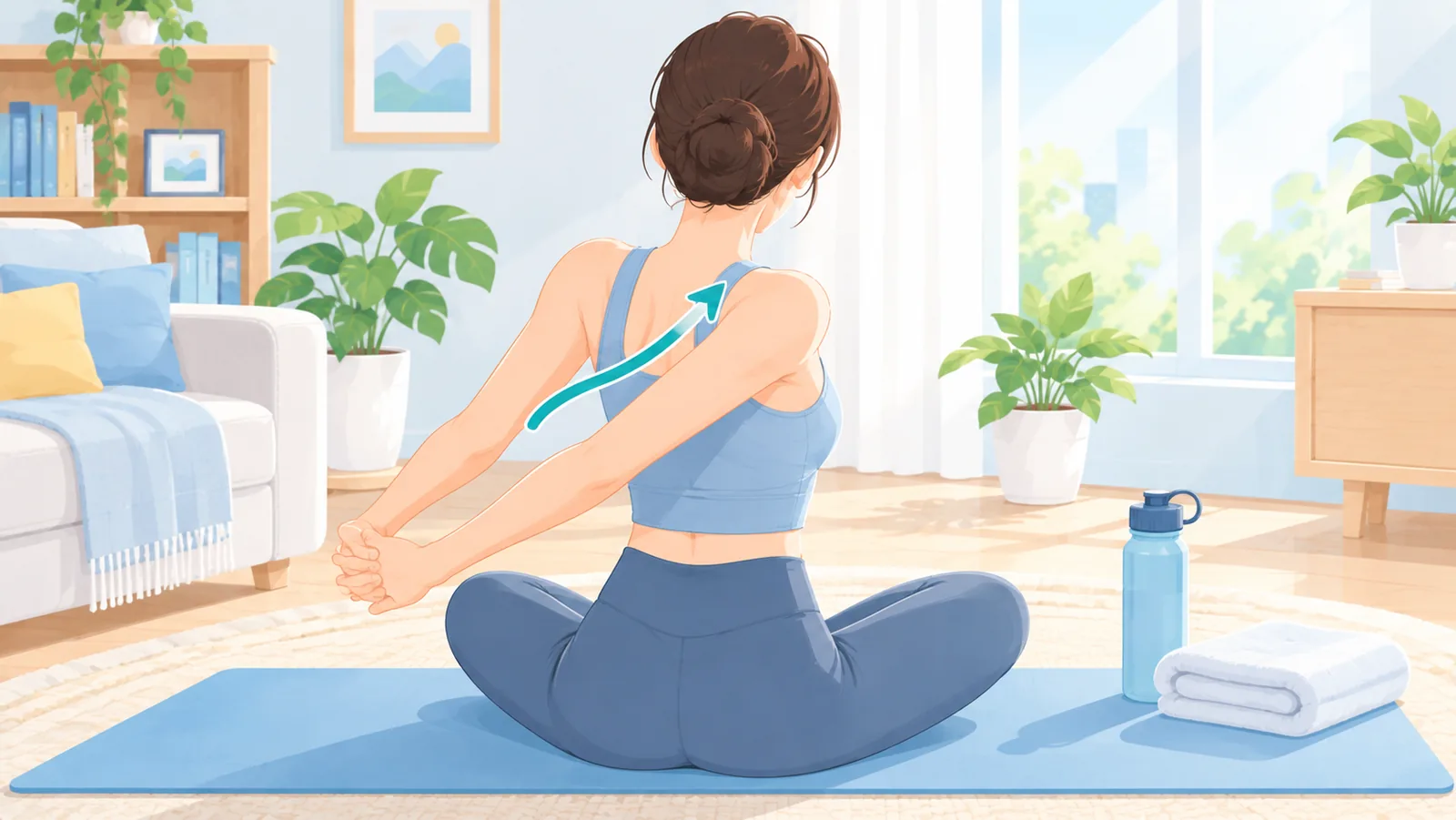 Woman doing a gentle upper back stretch on a yoga mat
