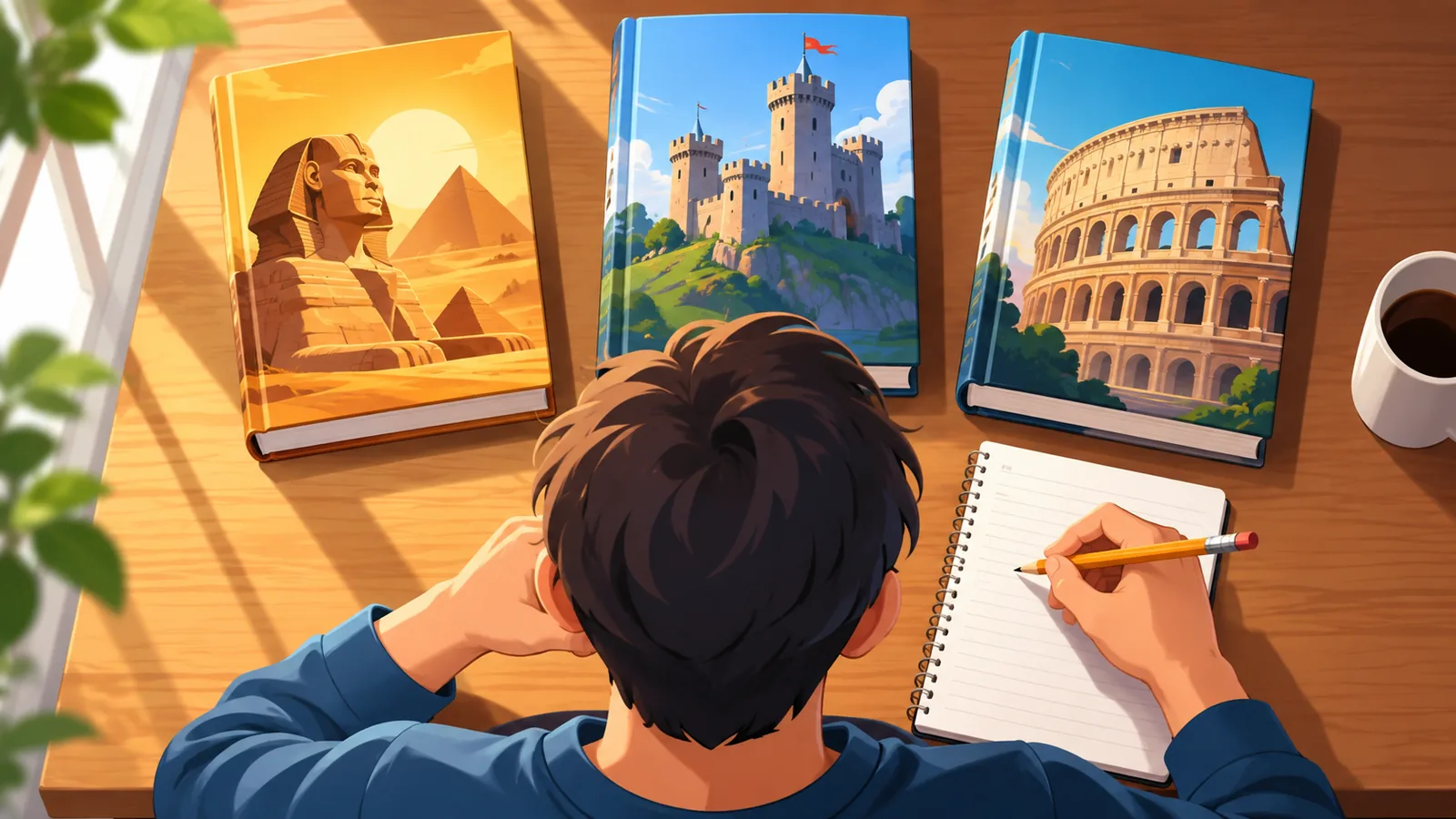 Person comparing history books at a wooden desk