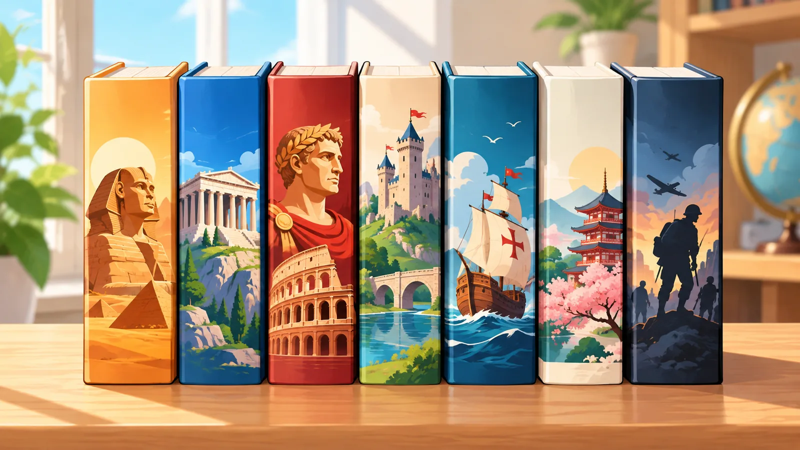 Row of history books on a light wooden table