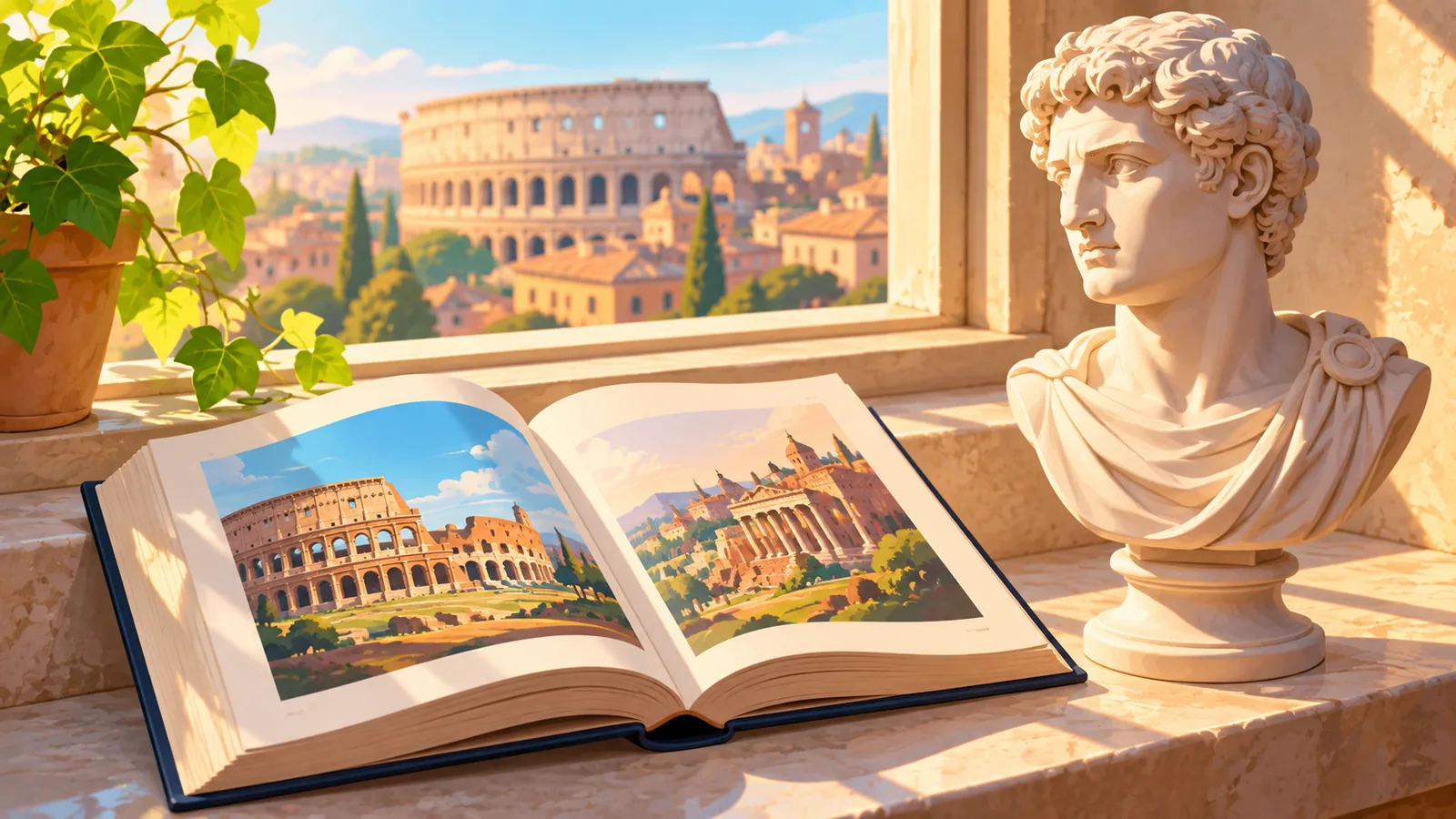 Open book beside a Roman bust on a windowsill