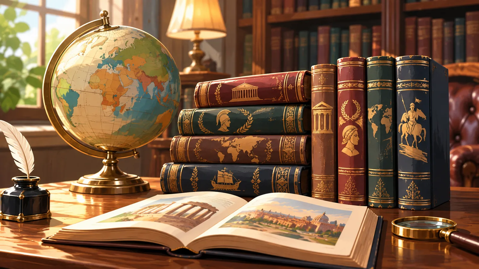 Leather-bound books and a brass globe on a library table