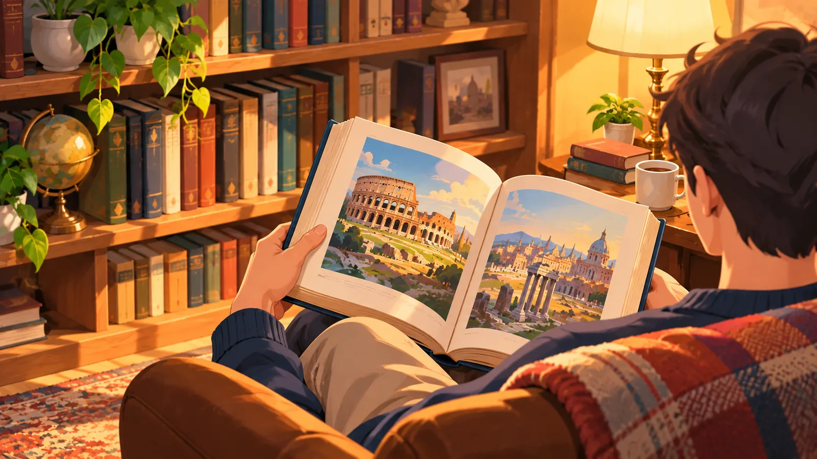 Reader in an armchair holding a thick hardcover book