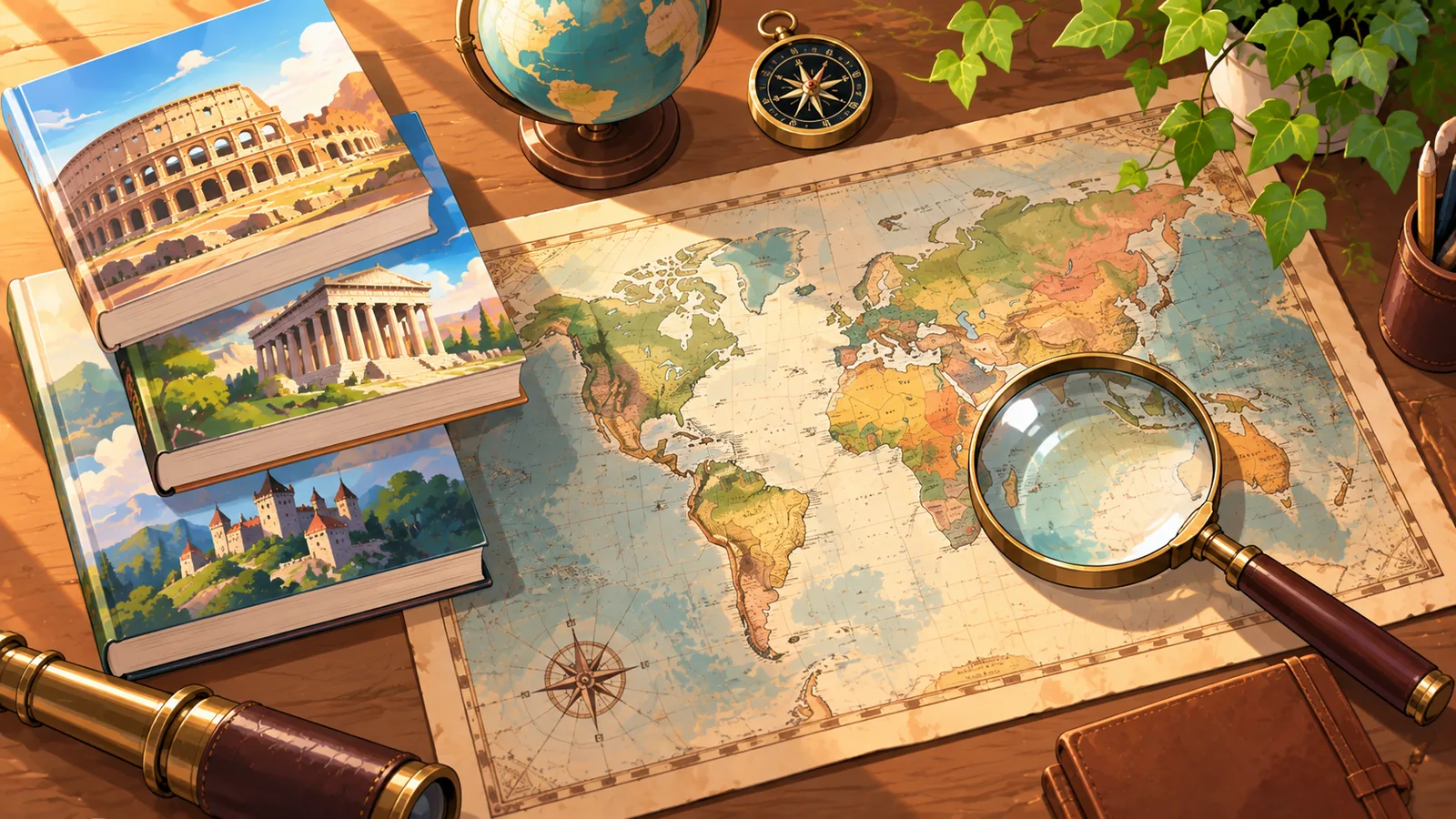 Vintage world map with paperback books and a magnifying glass