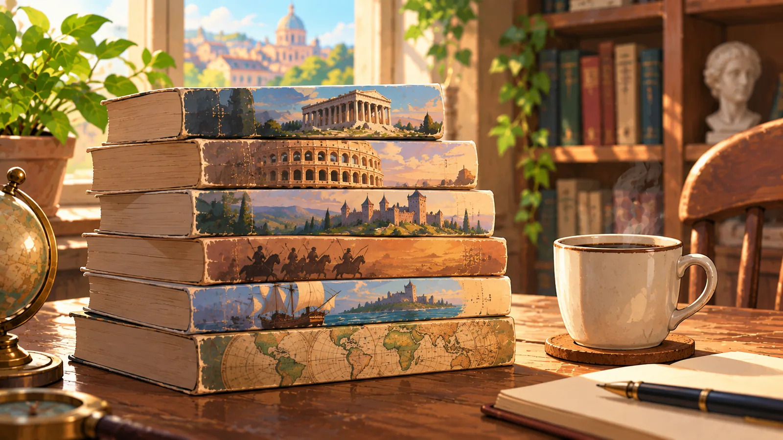 Stack of worn history paperbacks beside a coffee cup