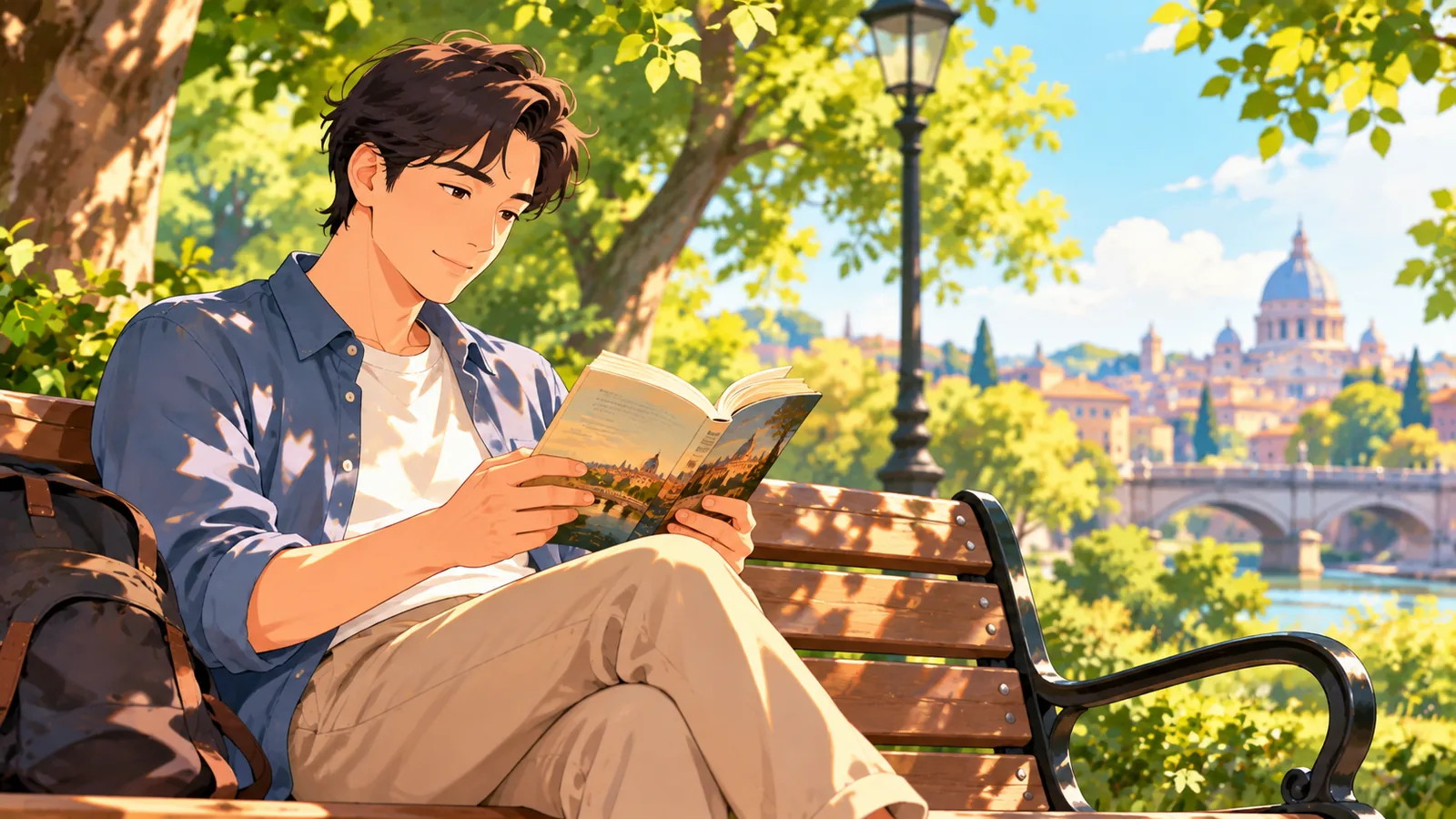 Person reading a paperback on a park bench