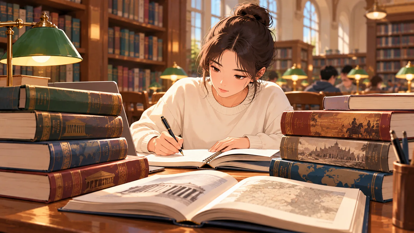 Student taking notes among scholarly books in a library