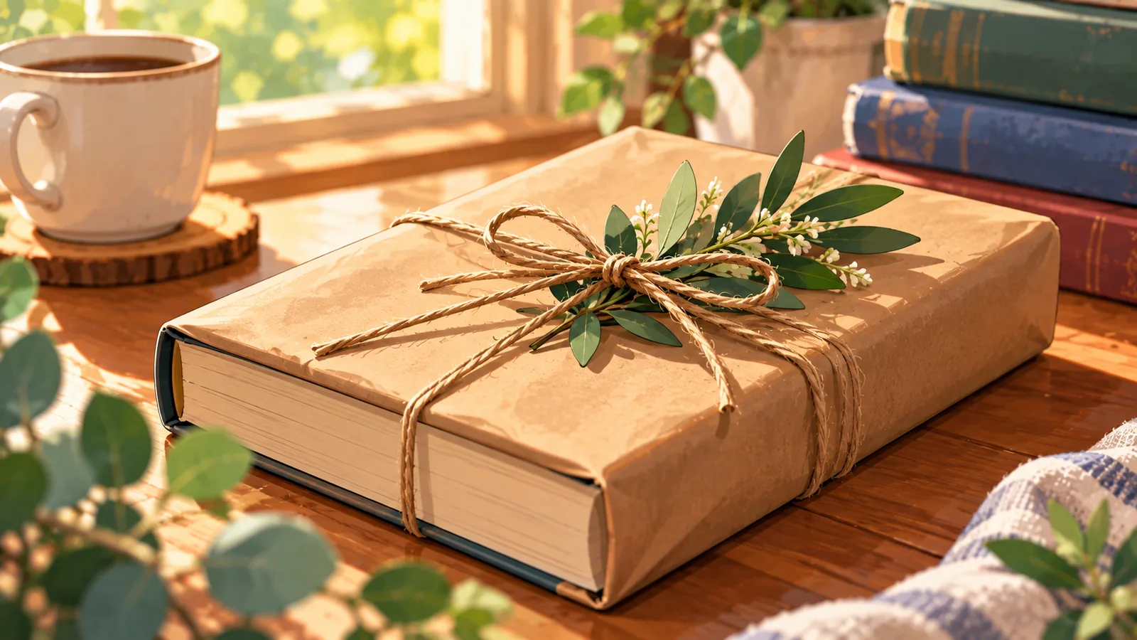 Gift-wrapped hardcover book with twine and greenery