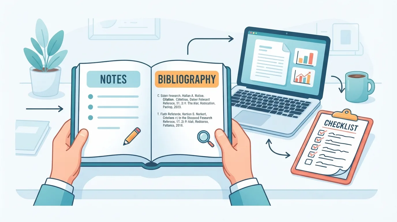 Hands holding a book open to its bibliography beside a checklist