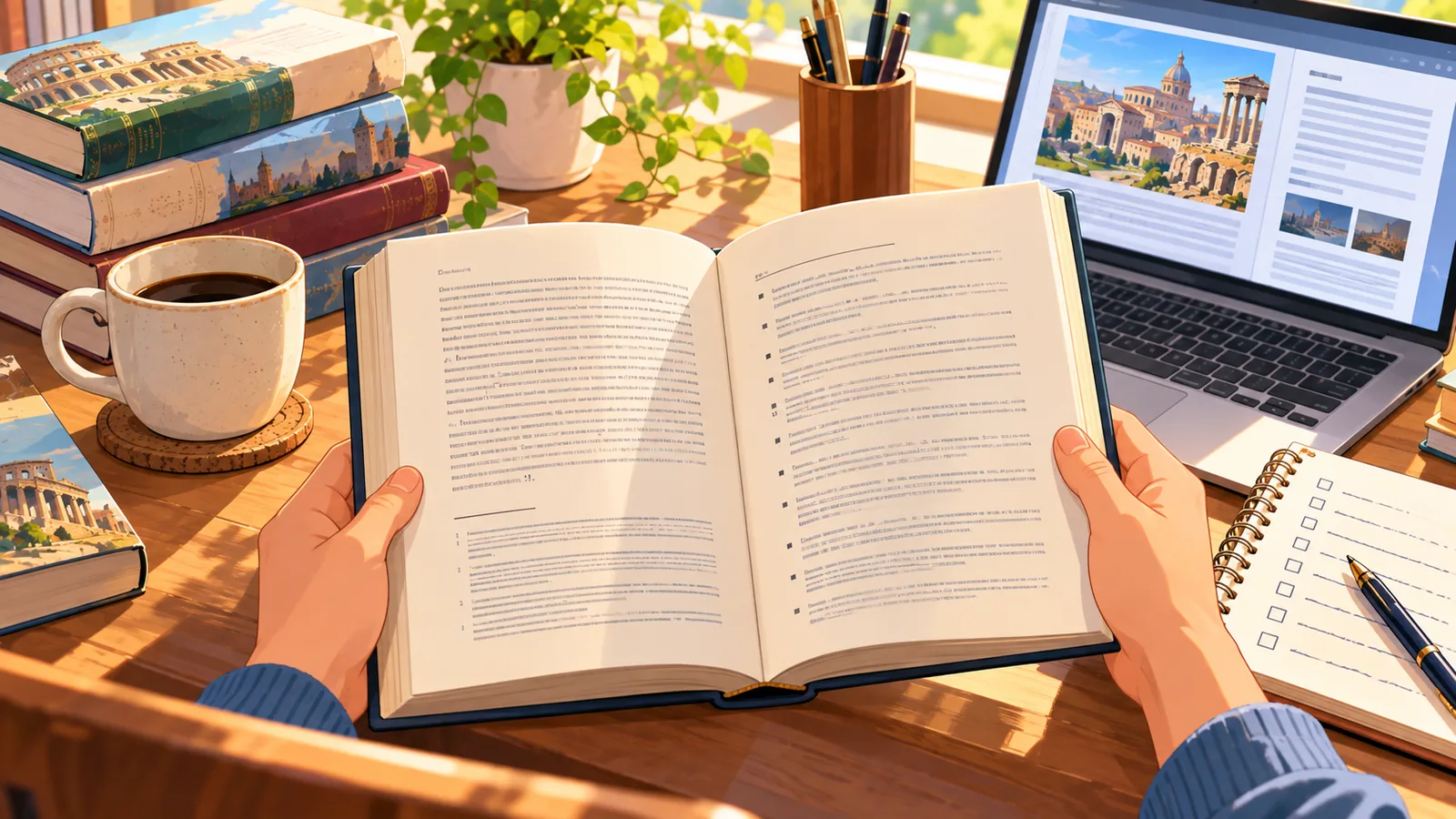Reader with headphones holding a book by a window