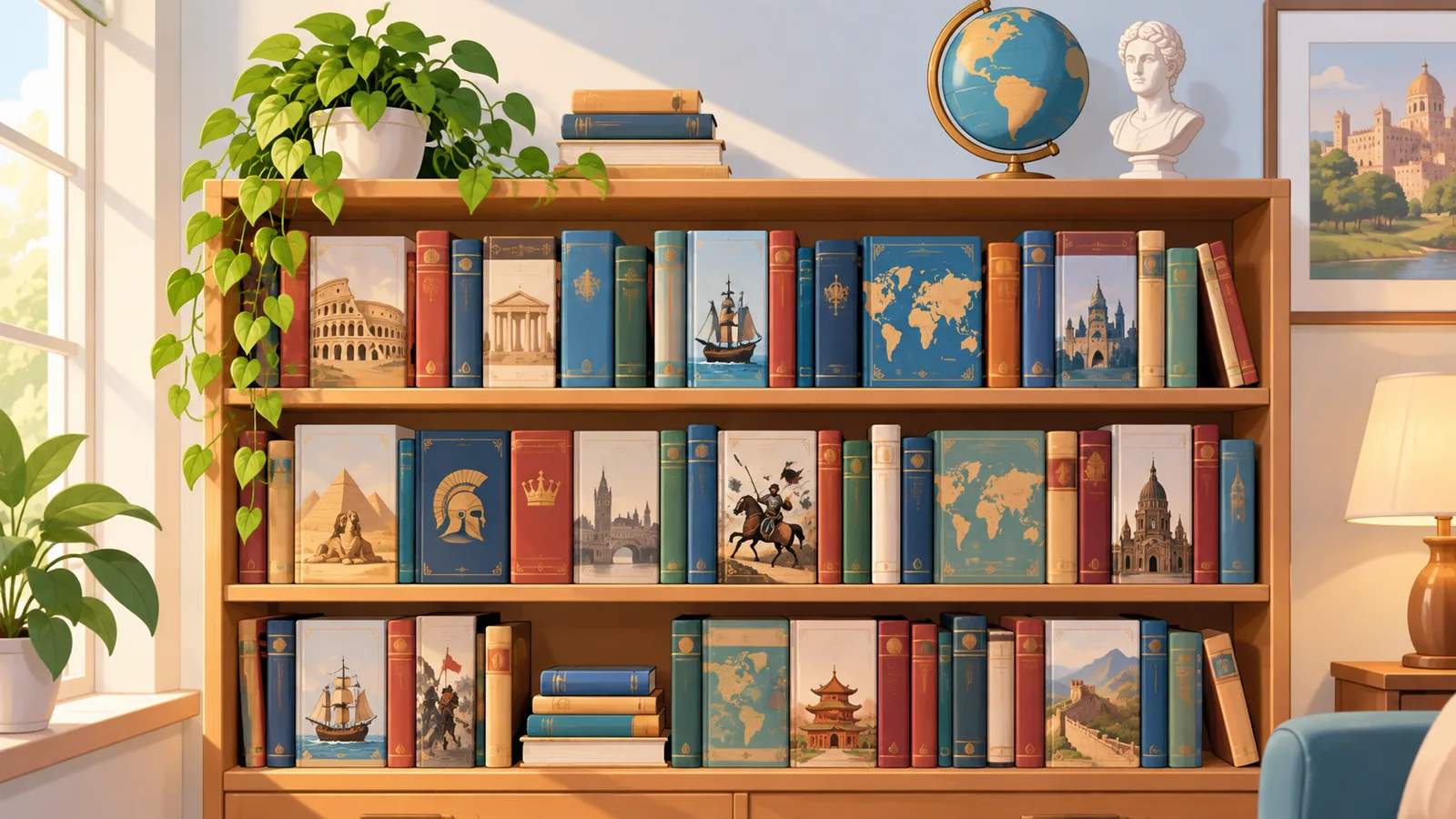 Home bookshelf filled with history books