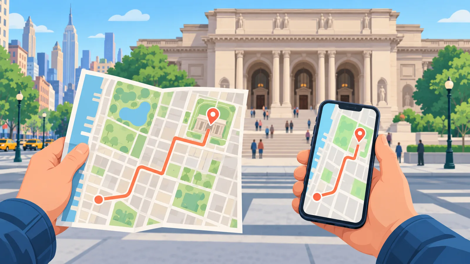 Traveler checking a map and phone outside a New York museum