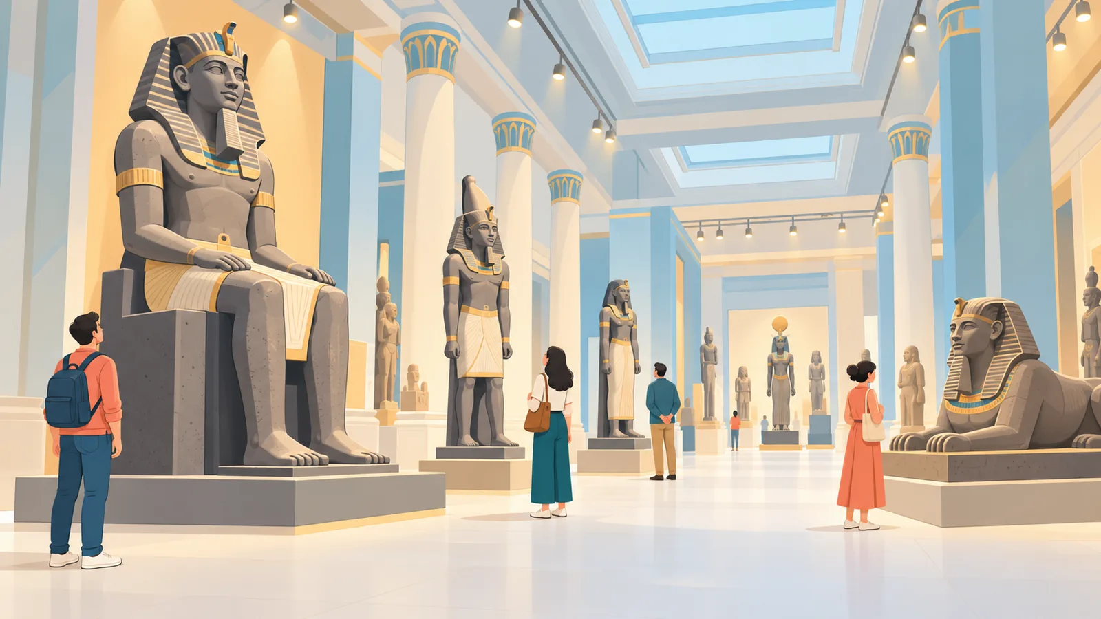 Visitors viewing ancient Egyptian sculptures in a large museum gallery