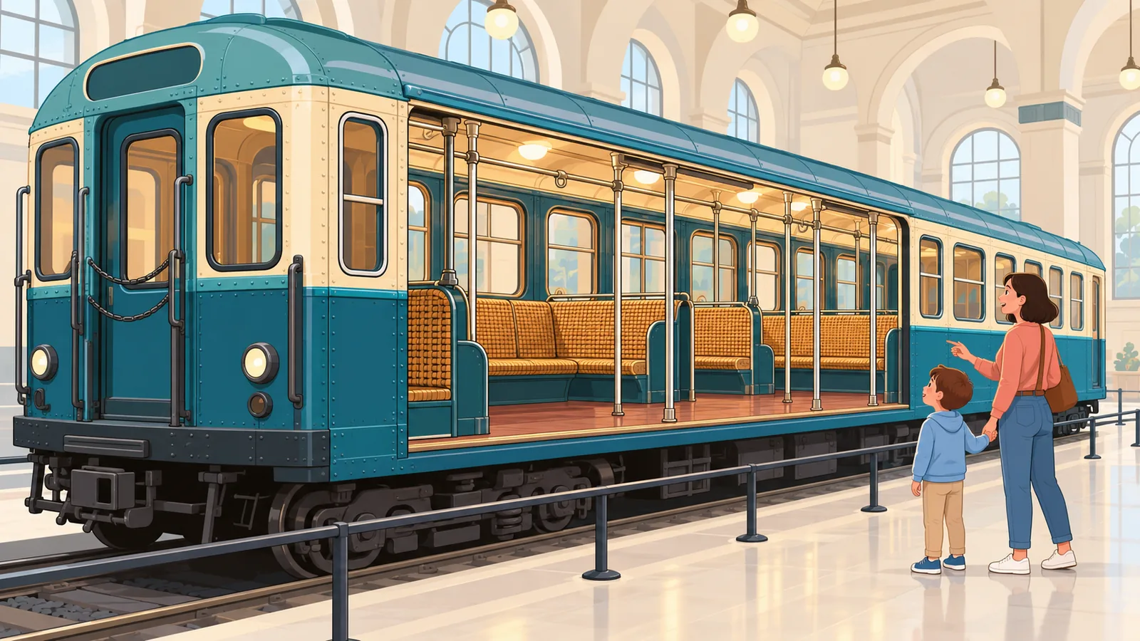 Child looking into a vintage subway car at a transit museum