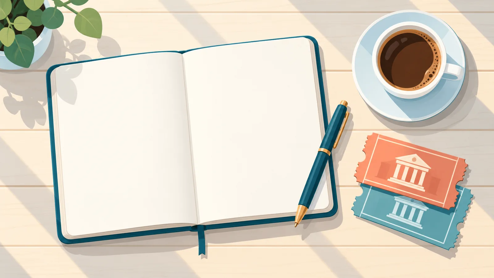 Notebook, museum tickets, and coffee used for trip planning