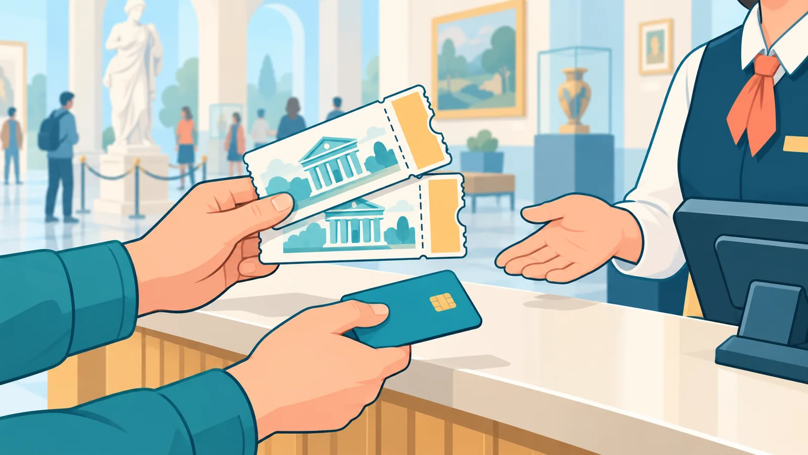 Hands holding museum tickets at a ticket counter