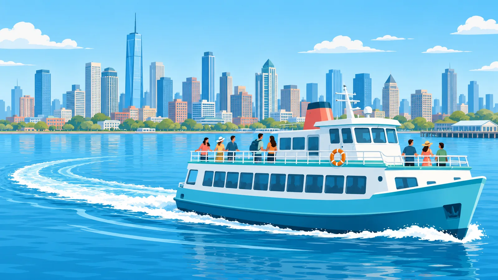 Ferry with passengers crossing the water in front of the city skyline