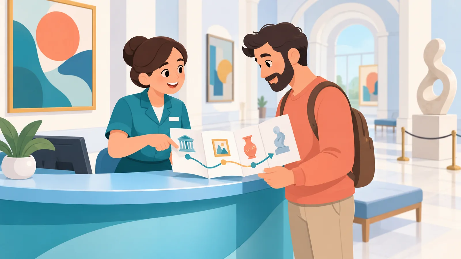 Museum staff member helping a visitor at an information desk