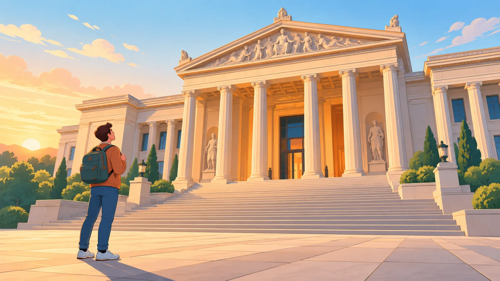 Traveler looking up at a grand museum facade at golden hour
