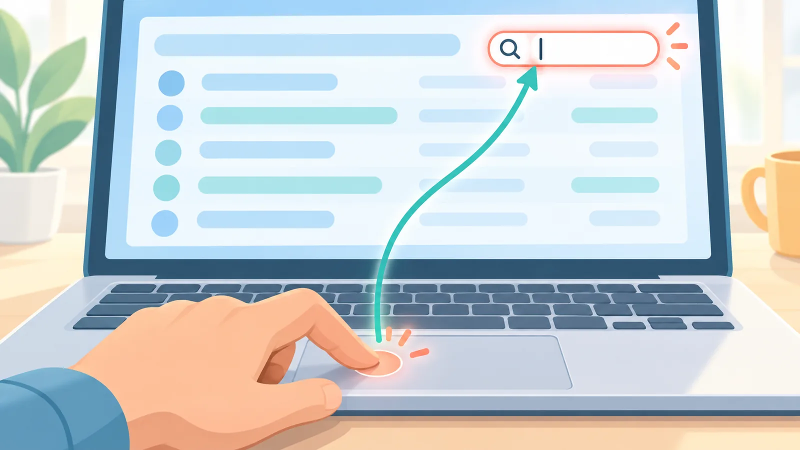 Hand clicking a search field in a history list on a laptop